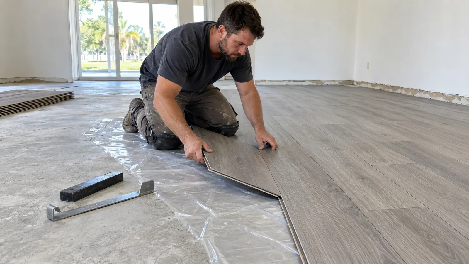 Installer clicking a gray oak look vinyl plank into place over a plastic moisture barrier on a concrete slab